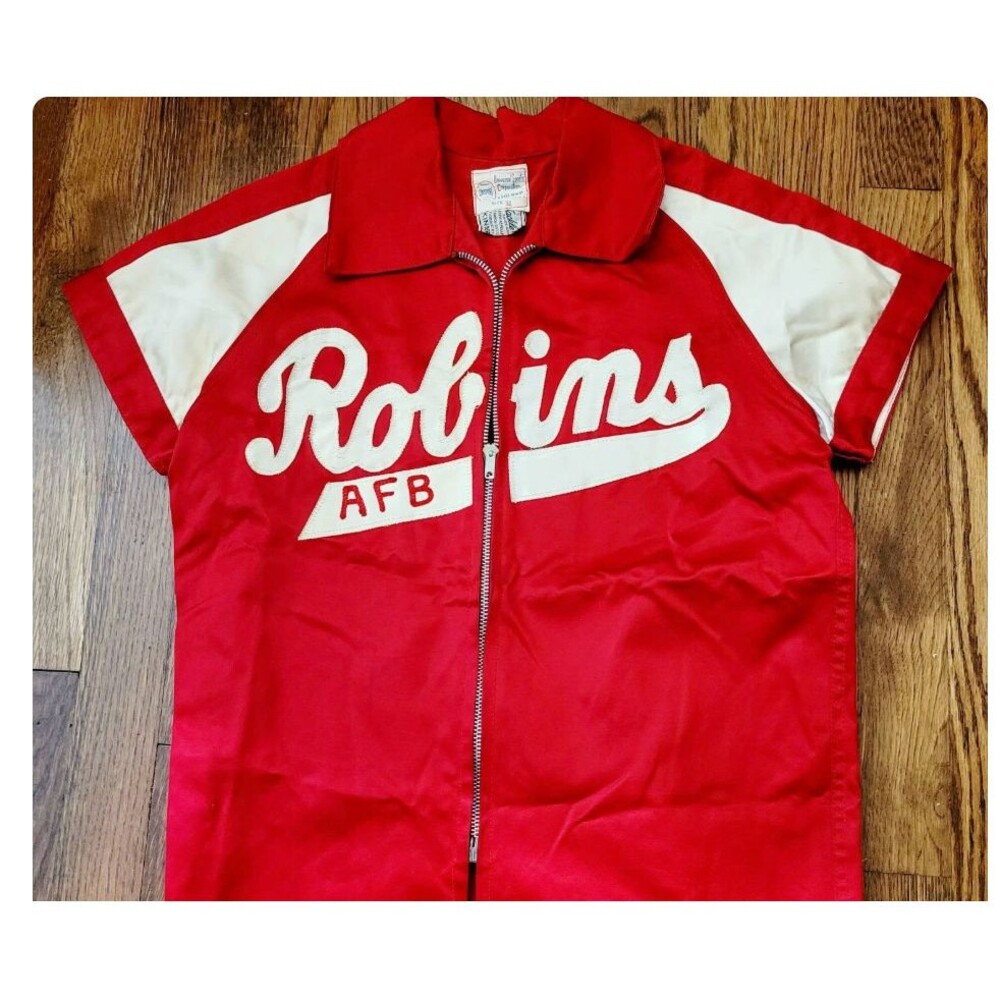 Vintage 50s Robins AFB Basketball Warmup Jersey Unisport Tackle Twill Satin Zip - Picture 2 of 10